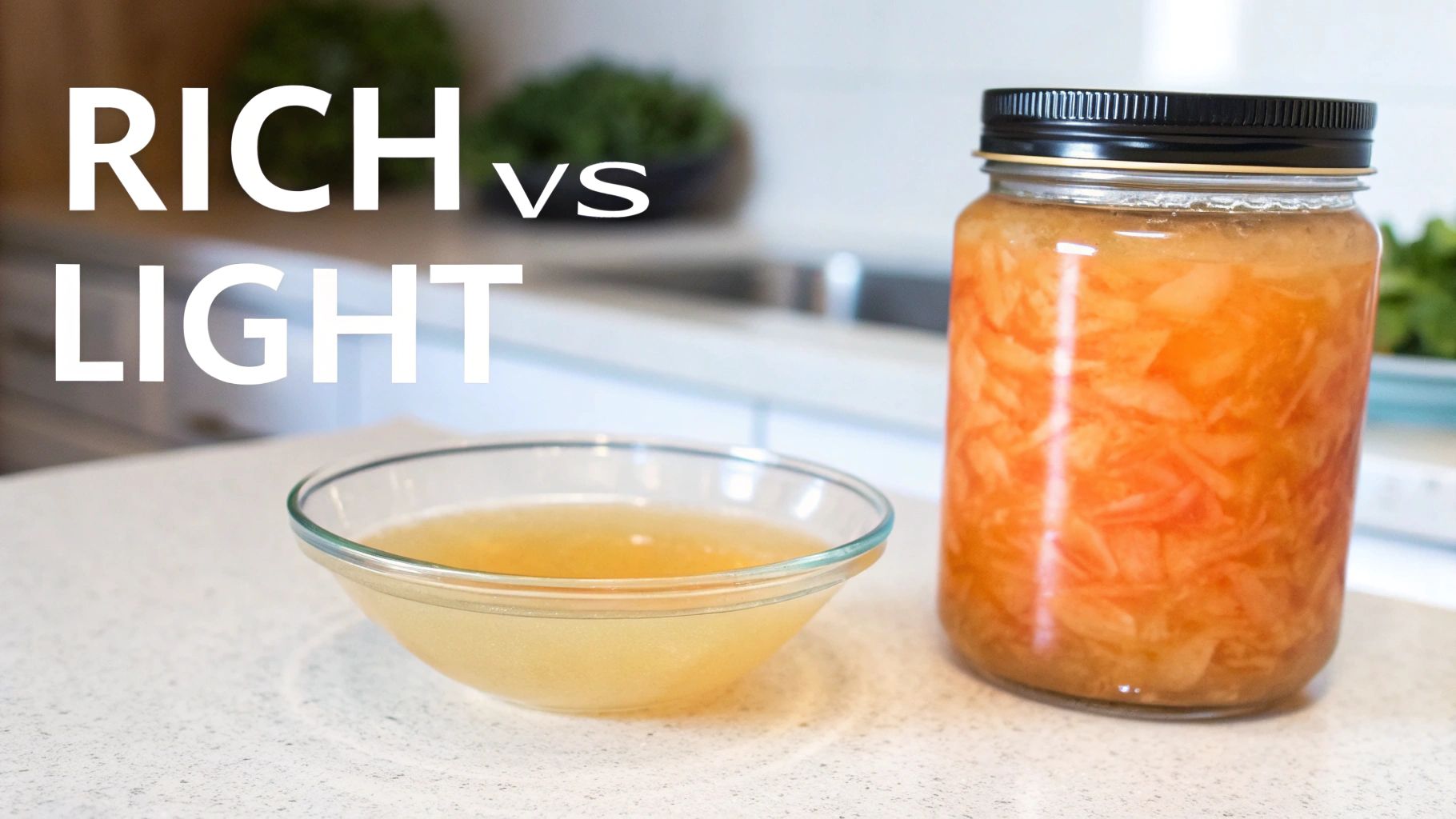 Image contrasting light yellow broth in a bowl with rich orange stock in a jar on a kitchen counter.