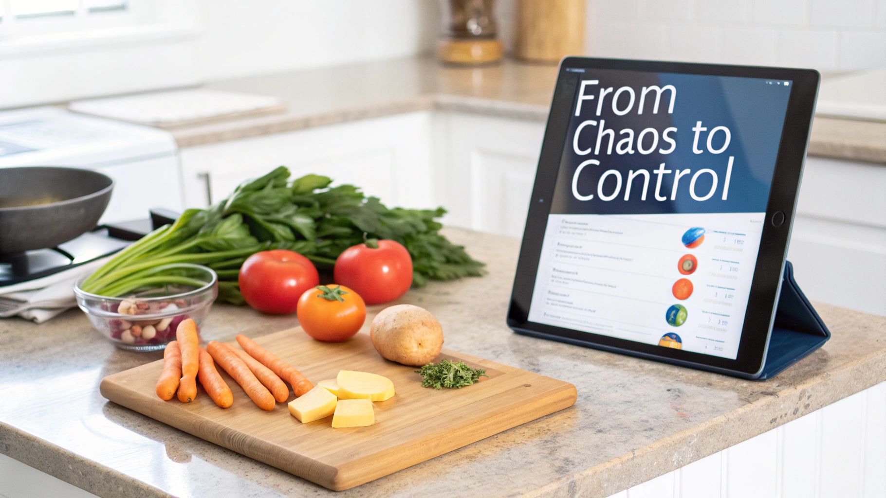 Fresh vegetables, a cutting board, and a tablet displaying 'From Chaos to Control' in a kitchen setting.