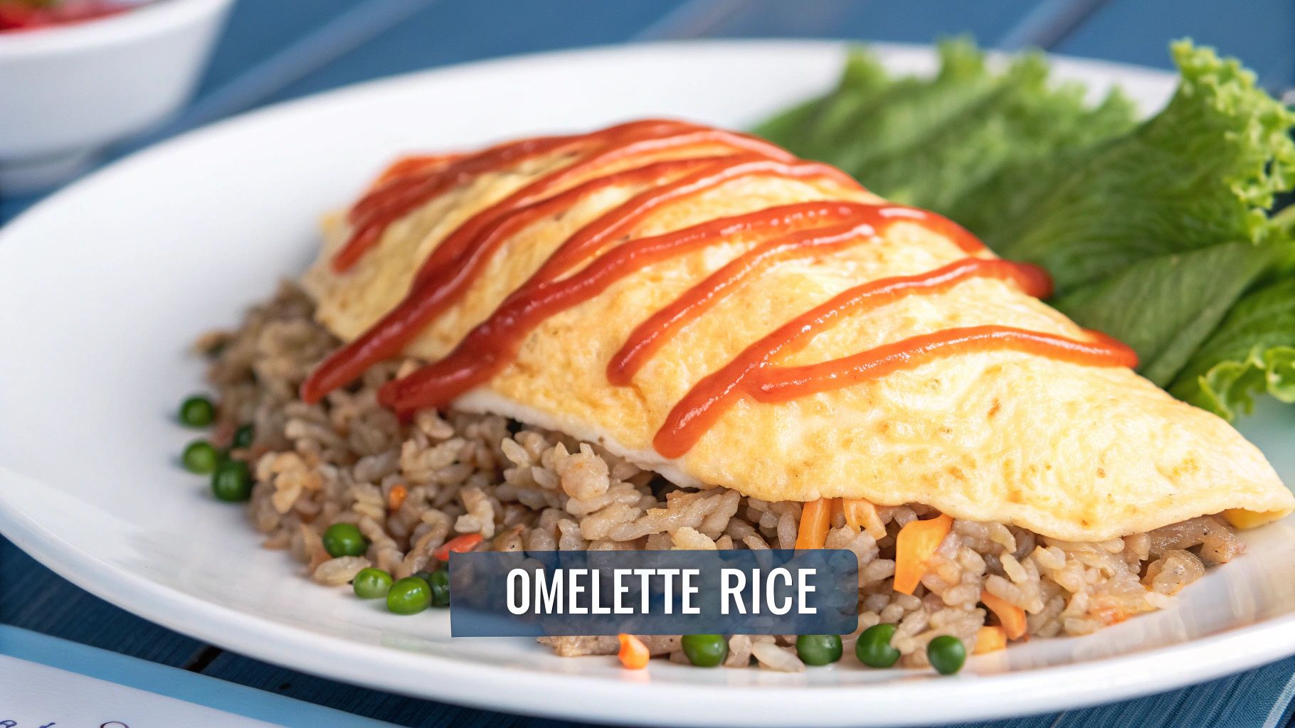 A plate of omurice, a Japanese dish with fried rice covered by a thin omelette, drizzled with ketchup.