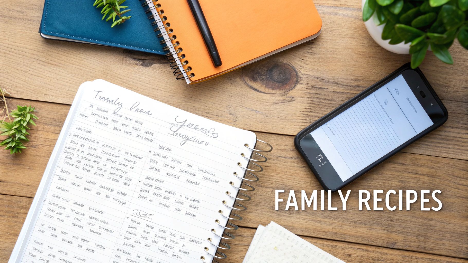 Flat lay of a wooden desk with a 'Family Plan' notebook, smartphone, plants, and 'FAMILY RECIPES' text.
