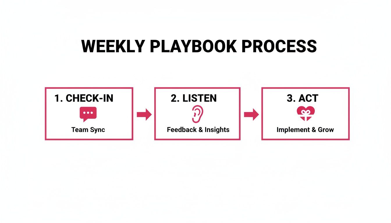 A diagram outlining a weekly playbook process: Check-in for team sync, Listen for feedback, and Act to implement and grow.