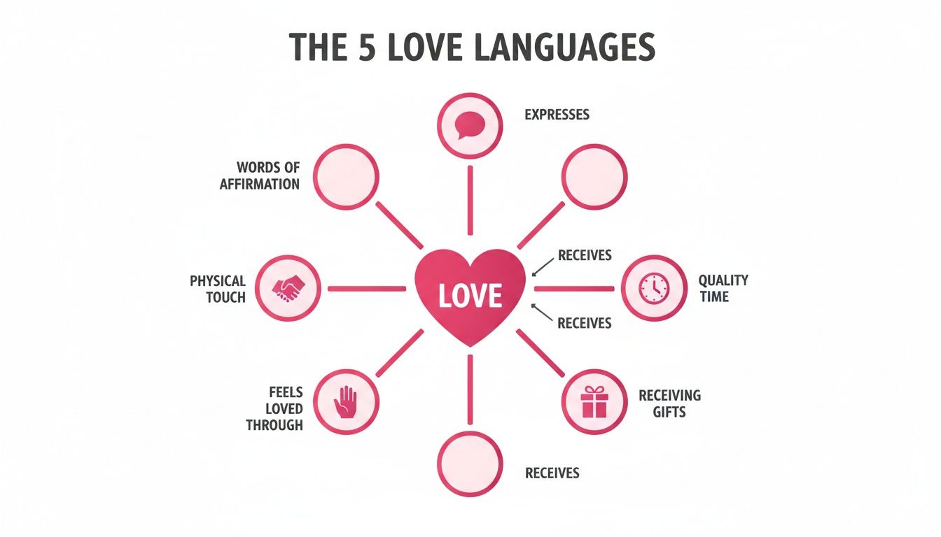 A diagram illustrating the 5 love languages: Words of Affirmation, Physical Touch, Acts of Service, Quality Time, and Receiving Gifts.