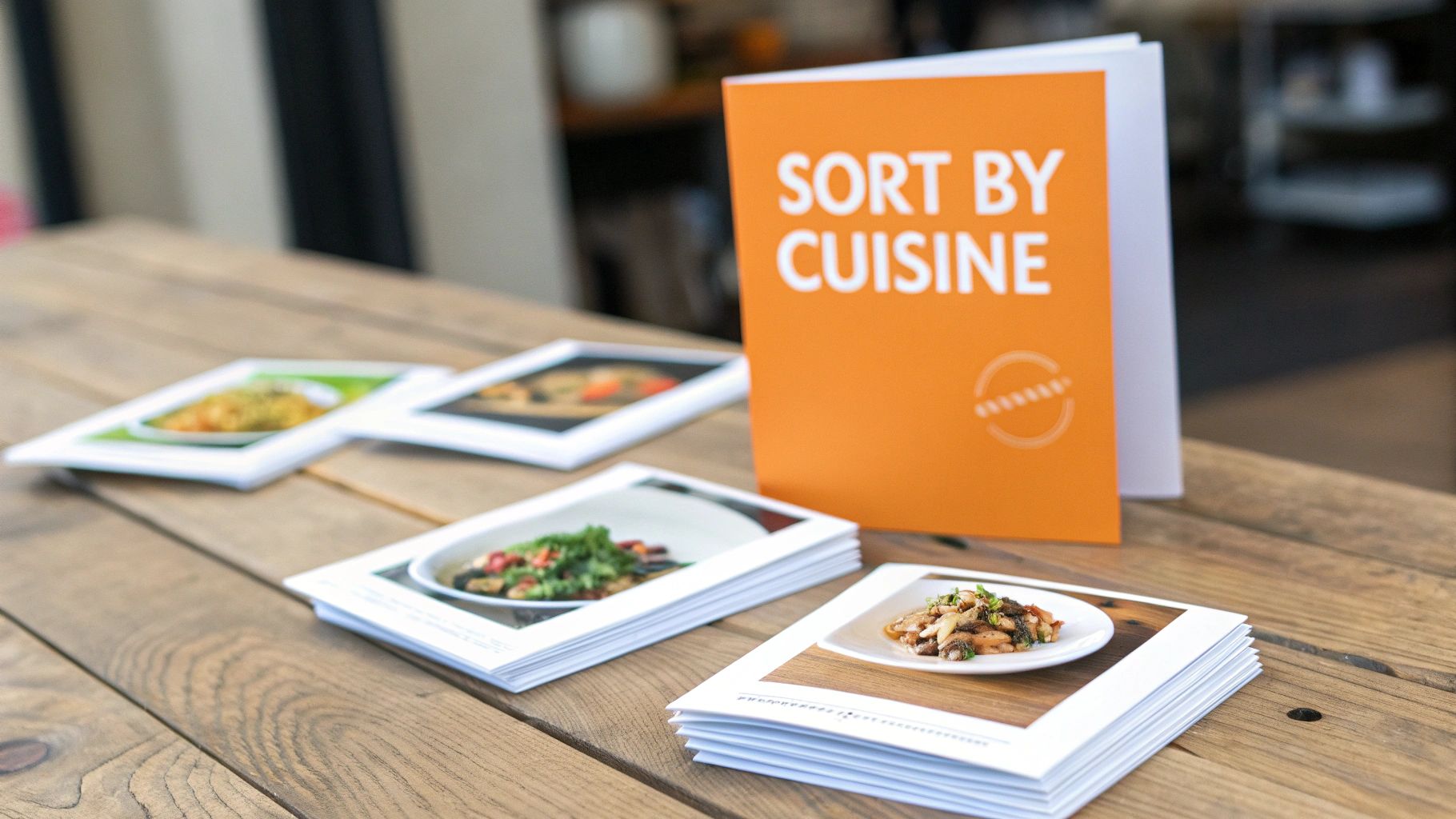 An orange 'SORT BY CUISINE' sign stands on a wooden table with stacks of food recipe cards.