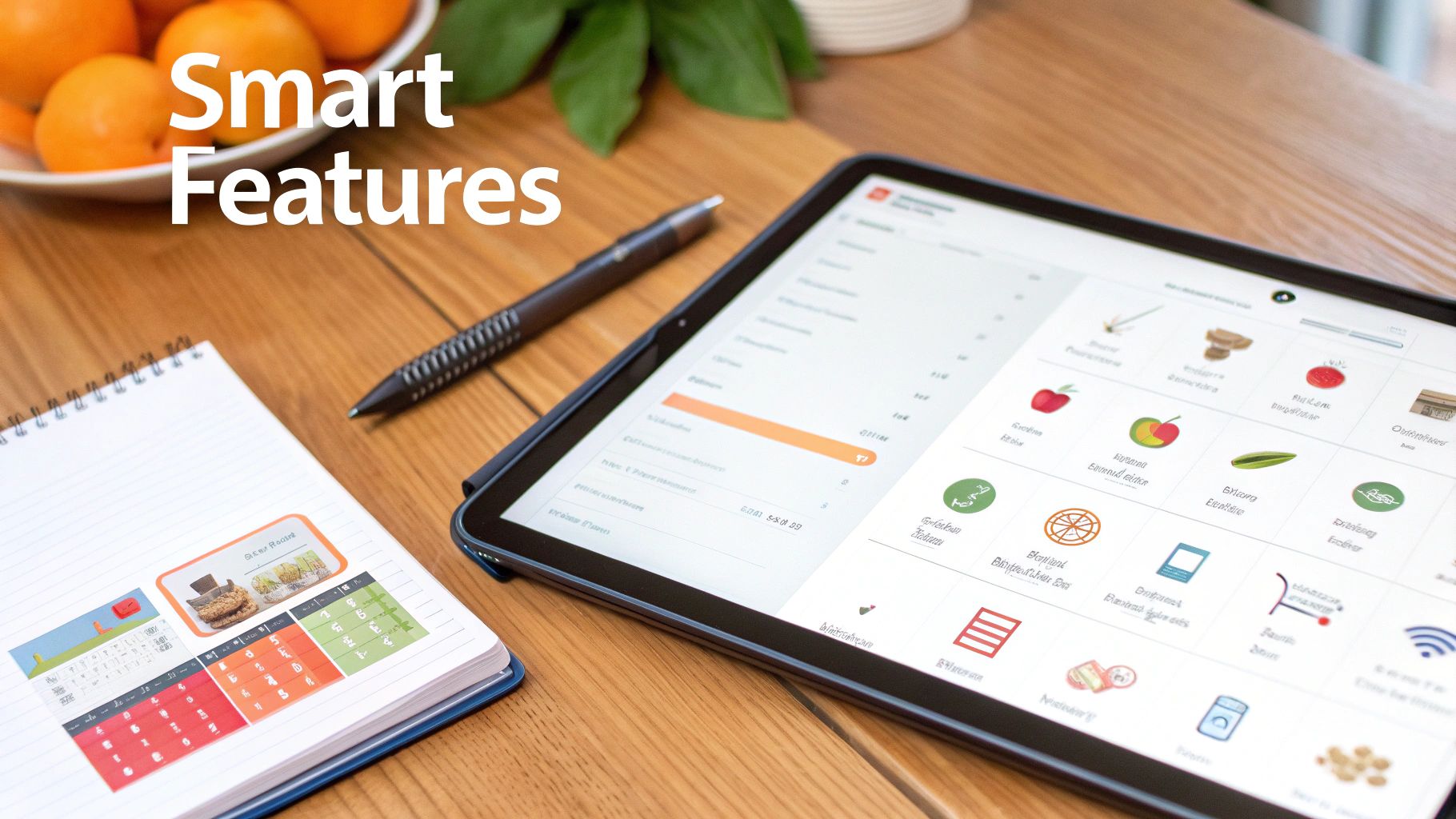 A tablet displaying a meal planning app with colorful icons, next to a notebook and pen, showcasing smart features.
