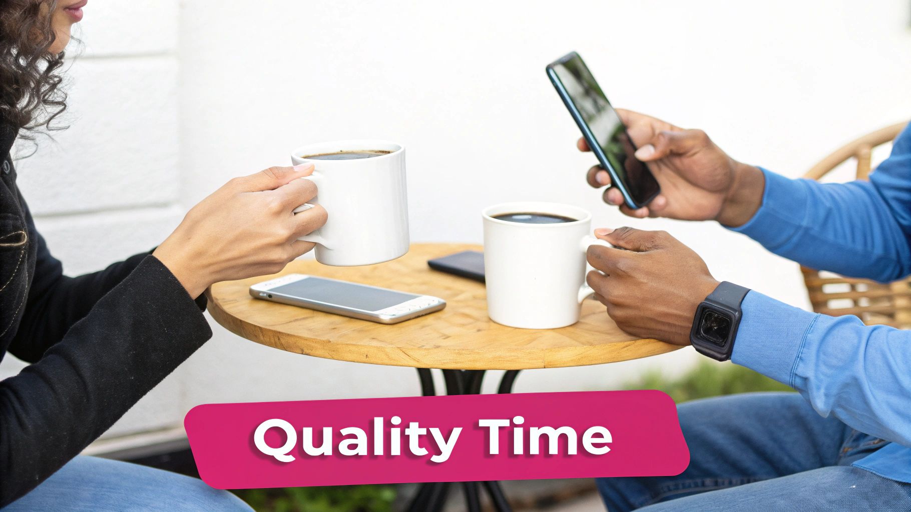 Two people sharing coffee at a table, one engrossed in their smartphone, illustrating modern social interactions.