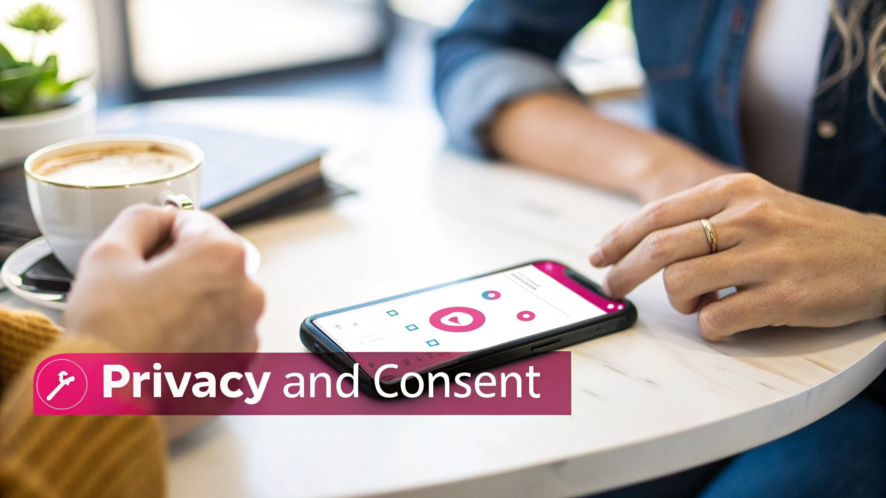 A person uses a smartphone displaying an app, with a coffee cup and 'Privacy and Consent' overlay.