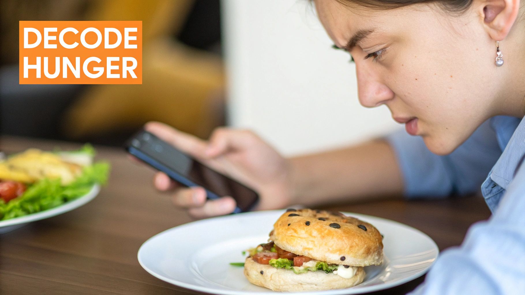 A young woman distracted by her phone, ignoring a burger and salad on the table, with 'DECODE HUNGER' text.