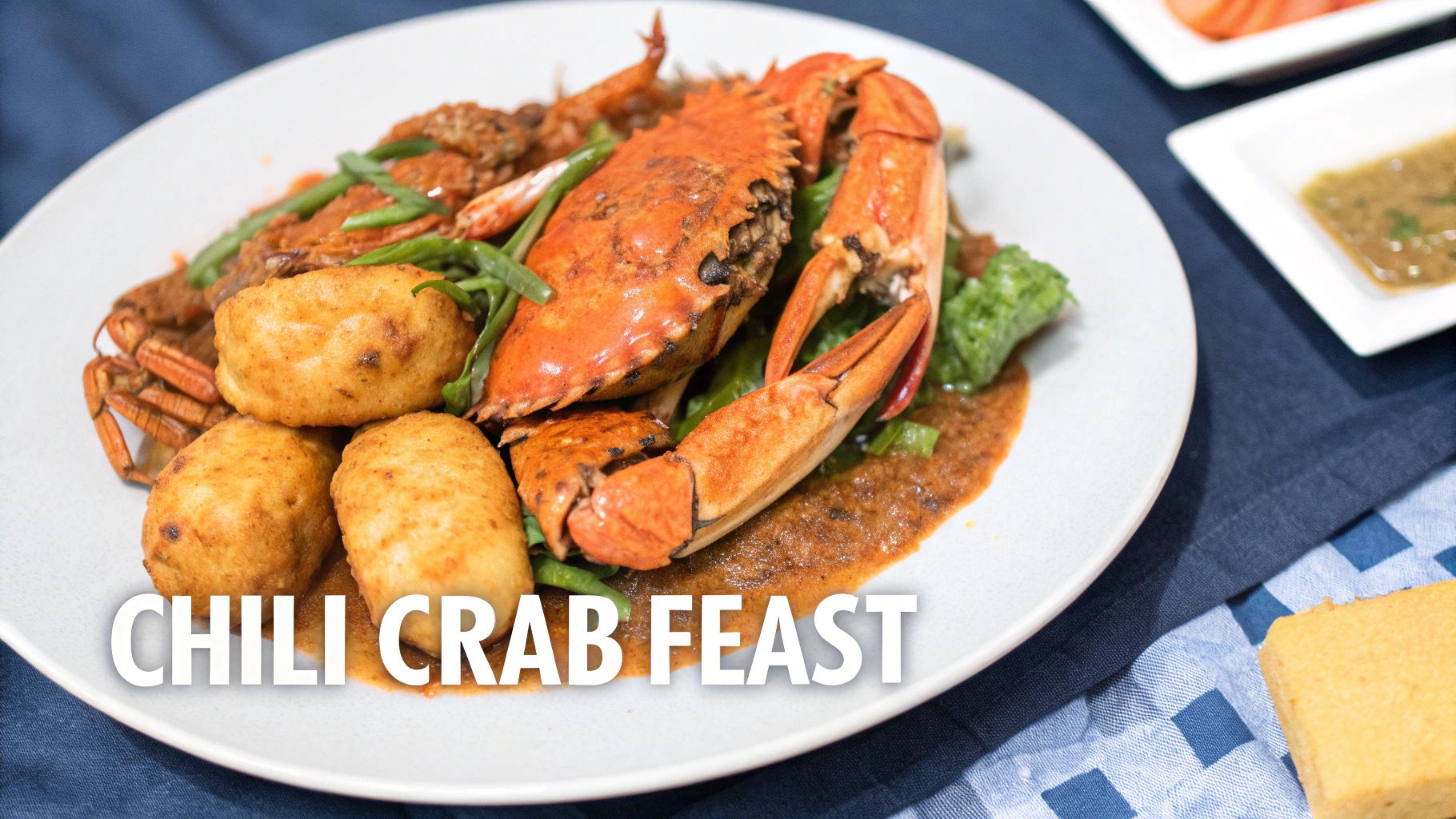 A delicious chili crab feast served on a white plate with fried buns, green beans, and a rich sauce.