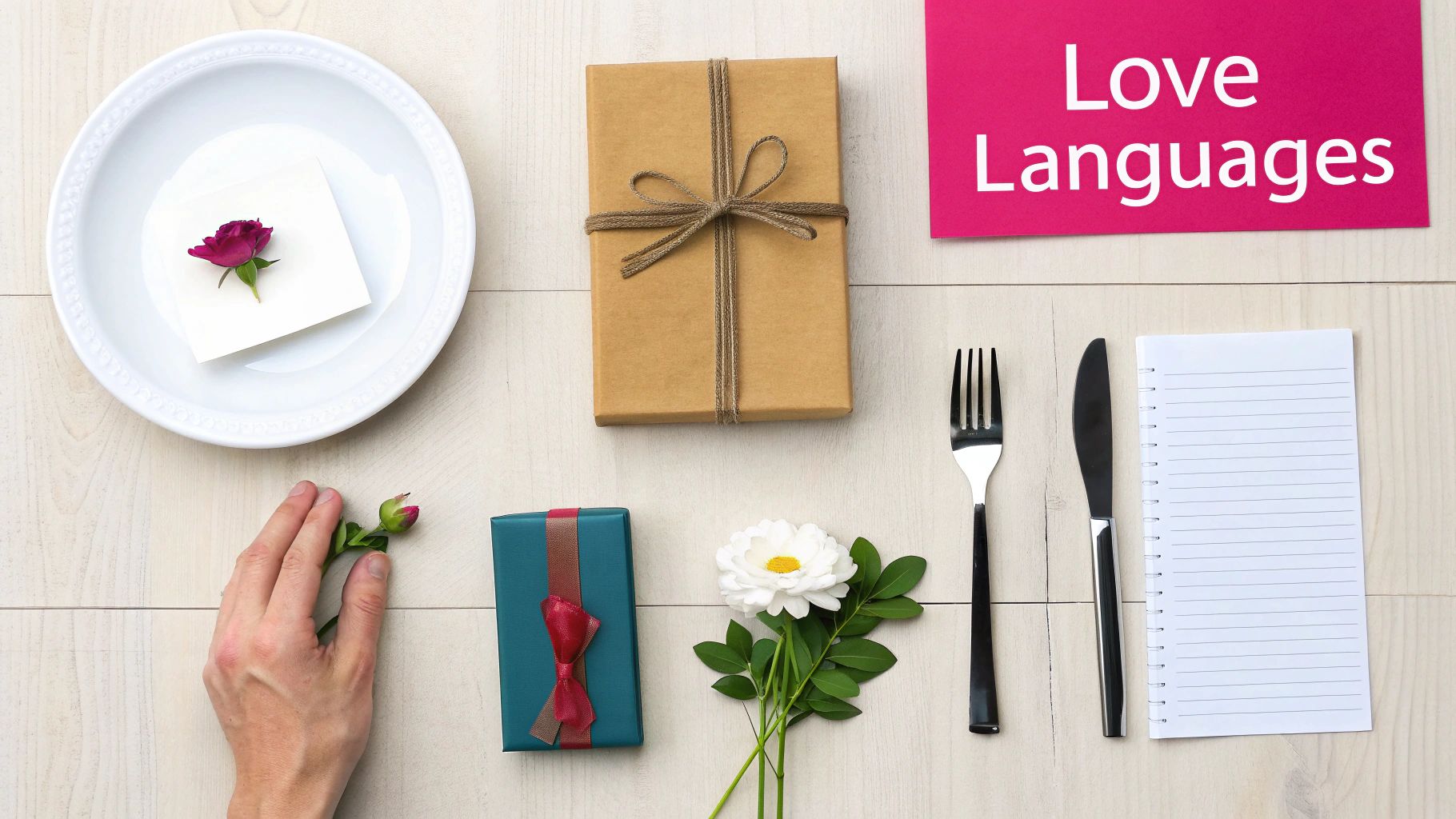 A flat lay showing love language concepts with gifts, flowers, a place setting, and a notebook.
