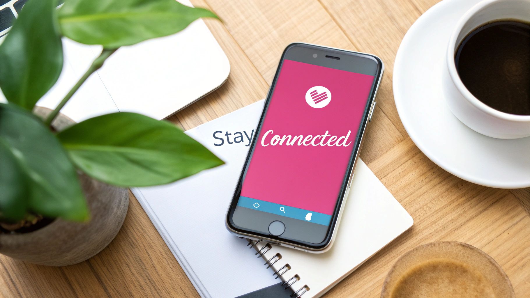 Smartphone showing 'Stay Connected' app, surrounded by a notebook, plant, and coffee on a wooden desk.