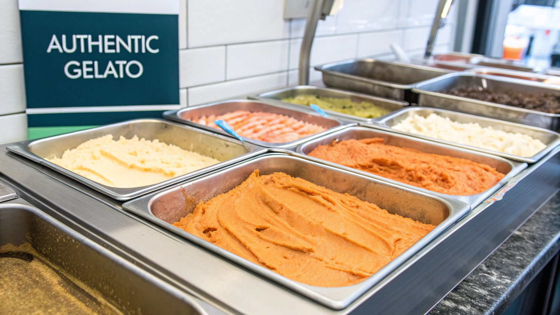 A display case filled with many different colorful flavors of authentic gelato, ready to be served.