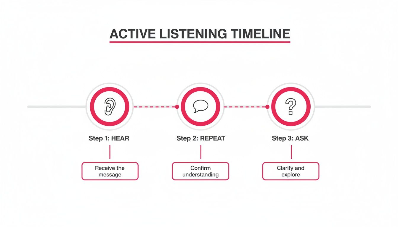Infographic detailing the active listening timeline with three steps: Hear, Repeat, Ask for better communication.