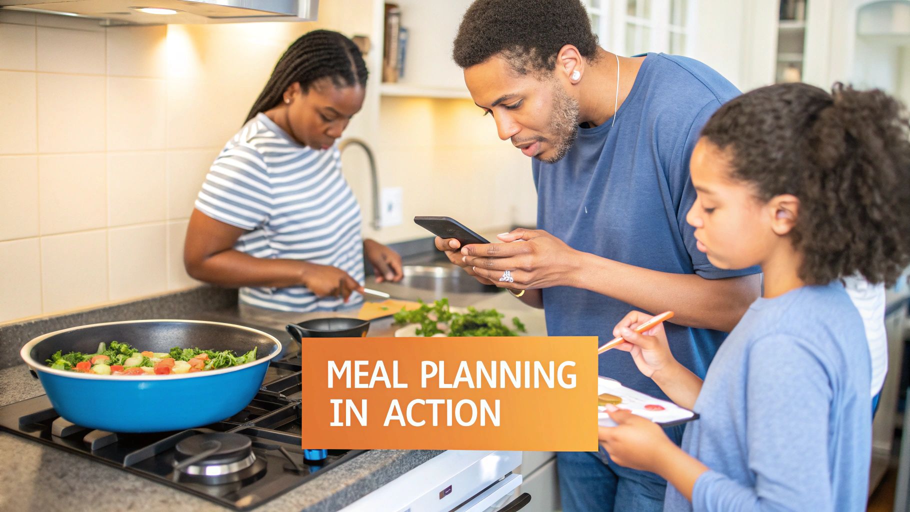 A family is in the kitchen preparing food and looking at meal plans together.