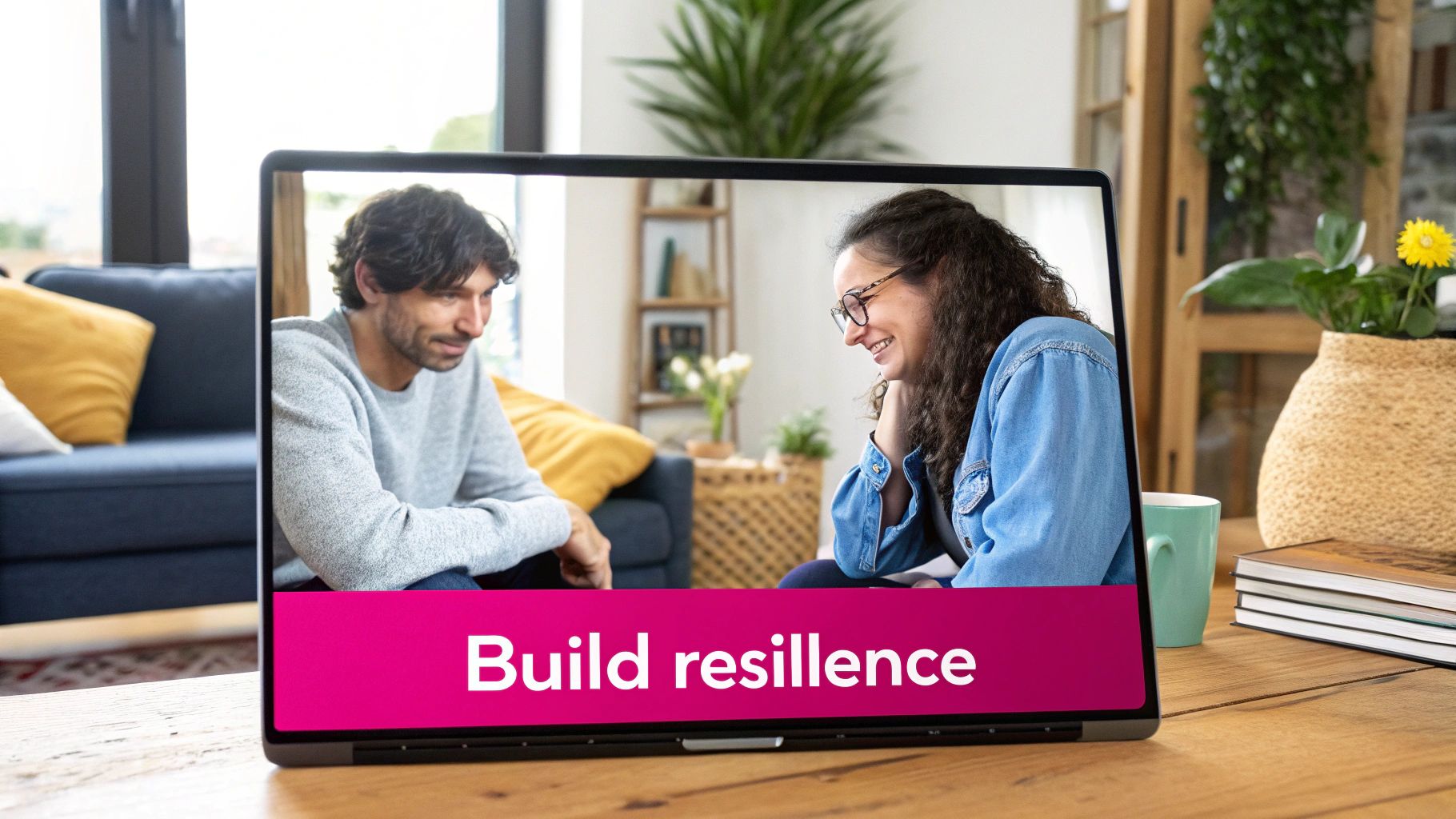 Laptop displays a couple smiling during an online counseling session with 'Build resilience' message.