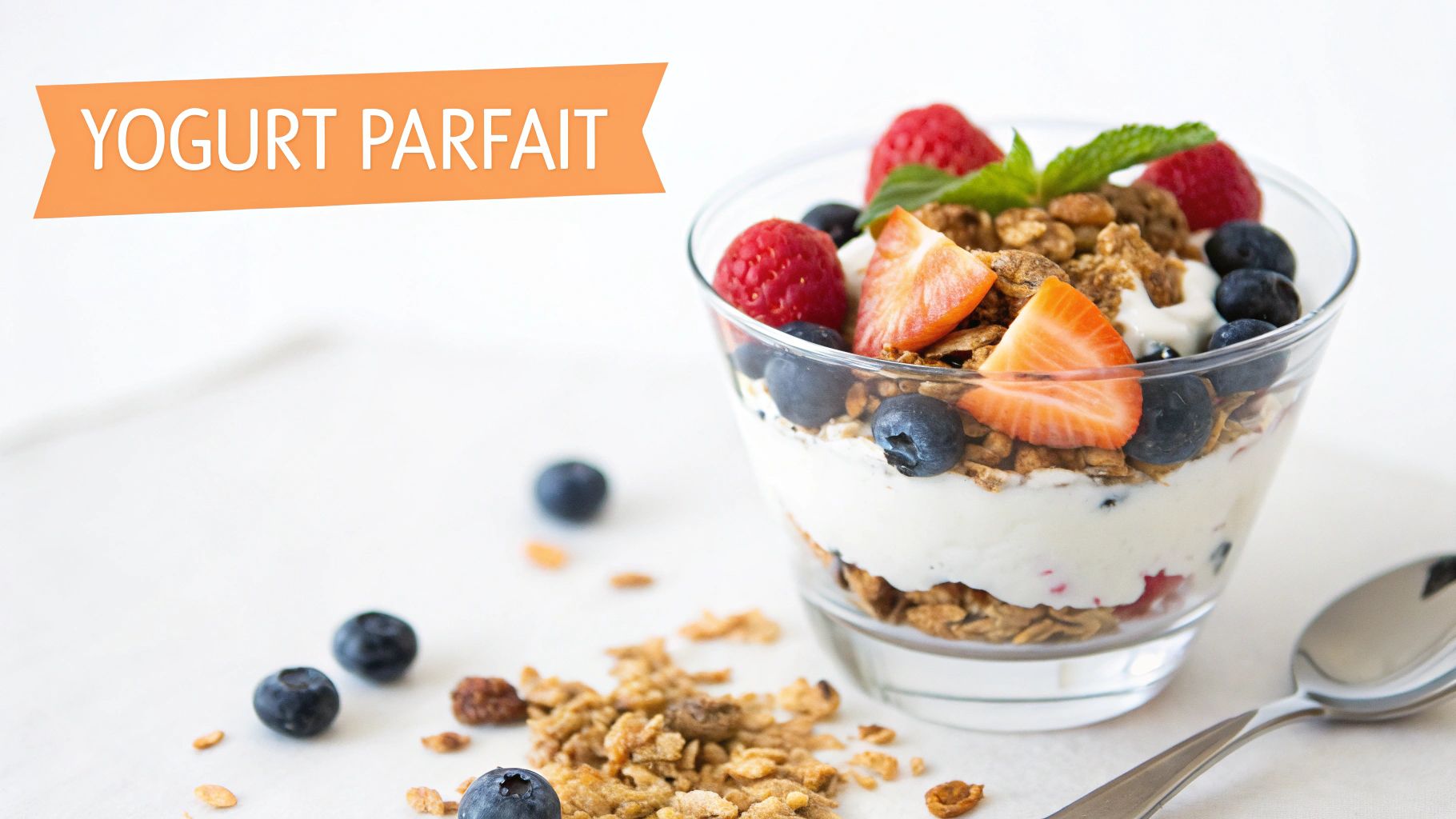 A delicious yogurt parfait with layers of granola, fresh berries, and creamy yogurt, garnished with mint.