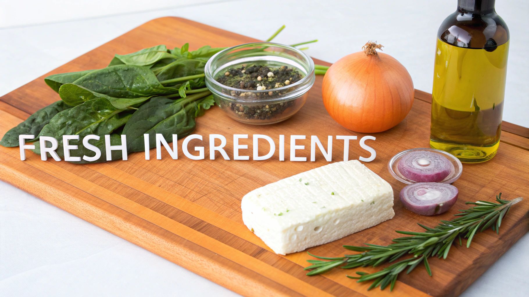 A wooden cutting board displaying fresh ingredients like spinach, cheese, olive oil, and onions, with 'FRESH INGREDIENTS' spelled out.