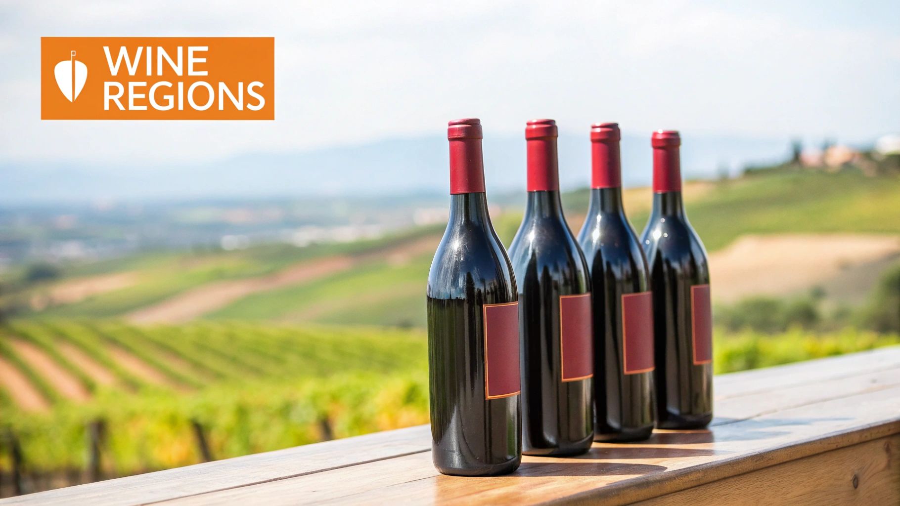 Four bottles of red wine with red caps on a wooden railing overlooking a scenic vineyard landscape.
