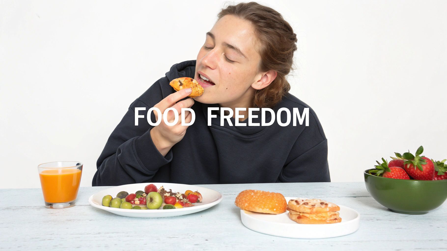 A person joyfully eating a pastry, surrounded by a variety of healthy and indulgent foods.