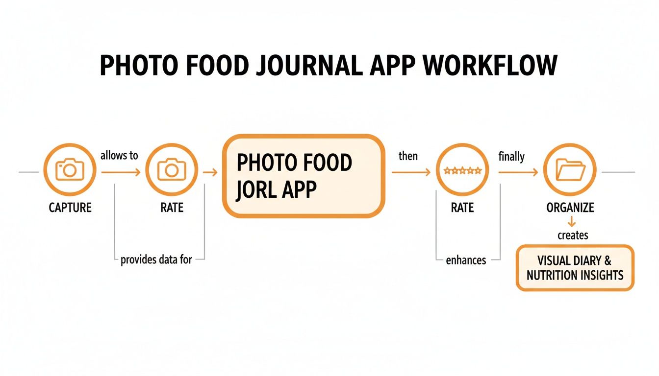 Workflow diagram for a photo food journal app, showing steps from capture to visual diary.