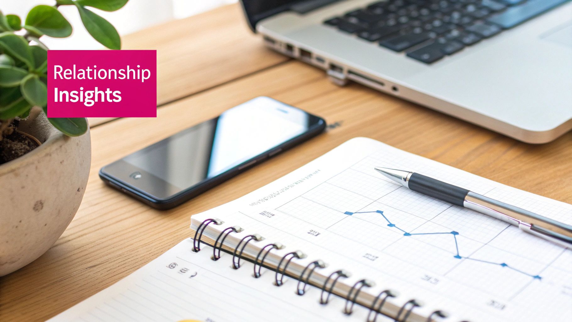 Workspace with laptop, smartphone, notebook showing a graph, pen, and 'Relationship Insights' text.