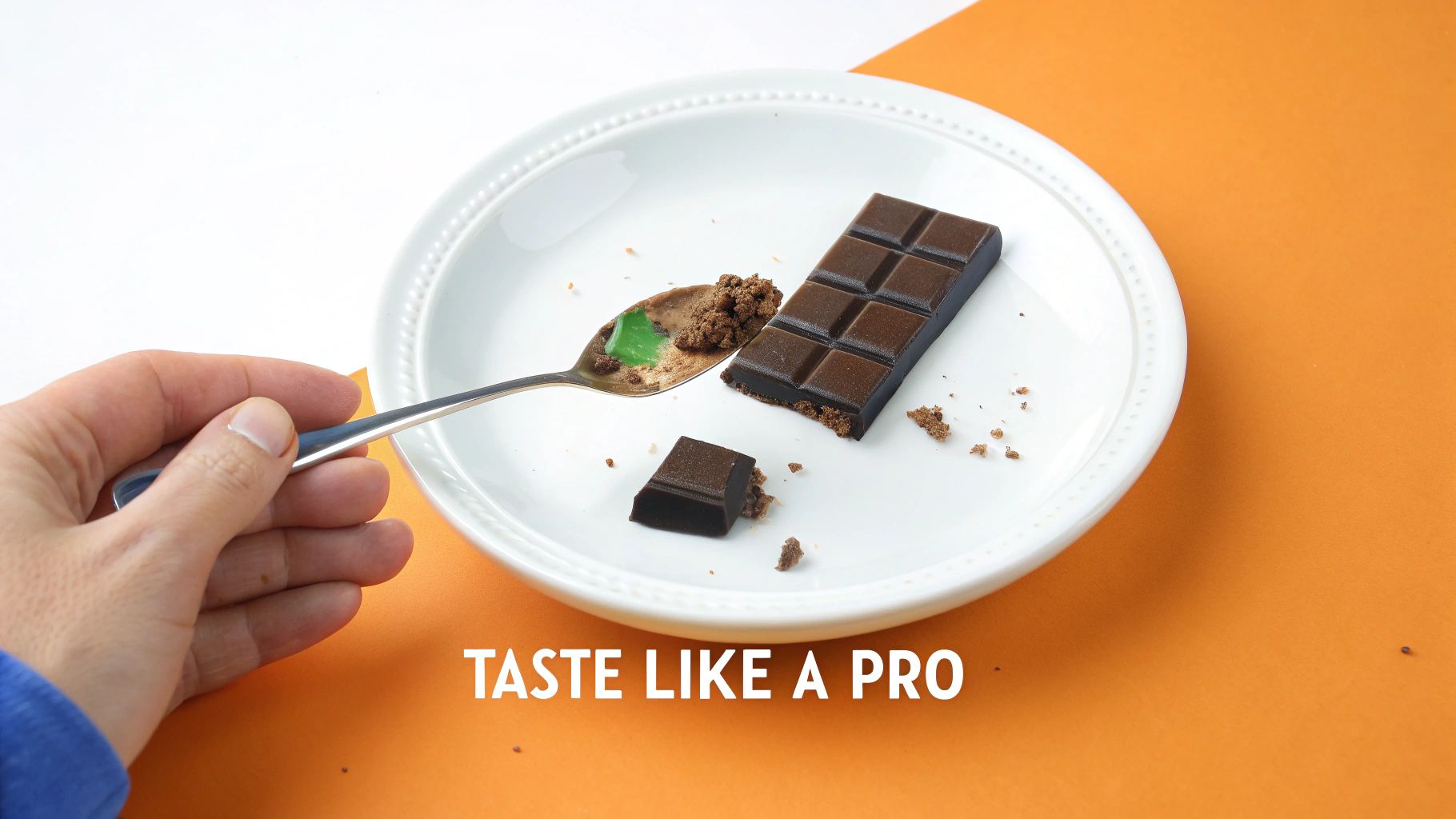 A hand holding a spoon with chocolate and green tasting elements on a white plate.