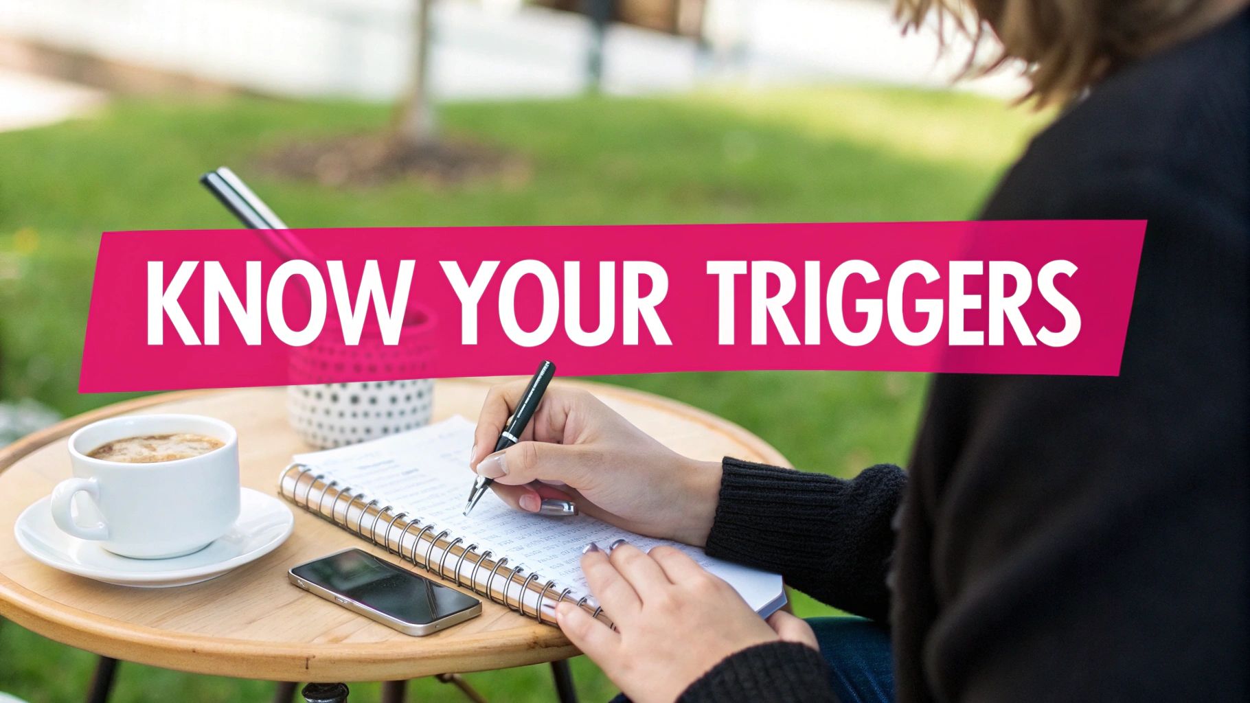 A person writes in a notebook at an outdoor cafe table with coffee and a phone, showing 'KNOW YOUR TRIGGERS' text.