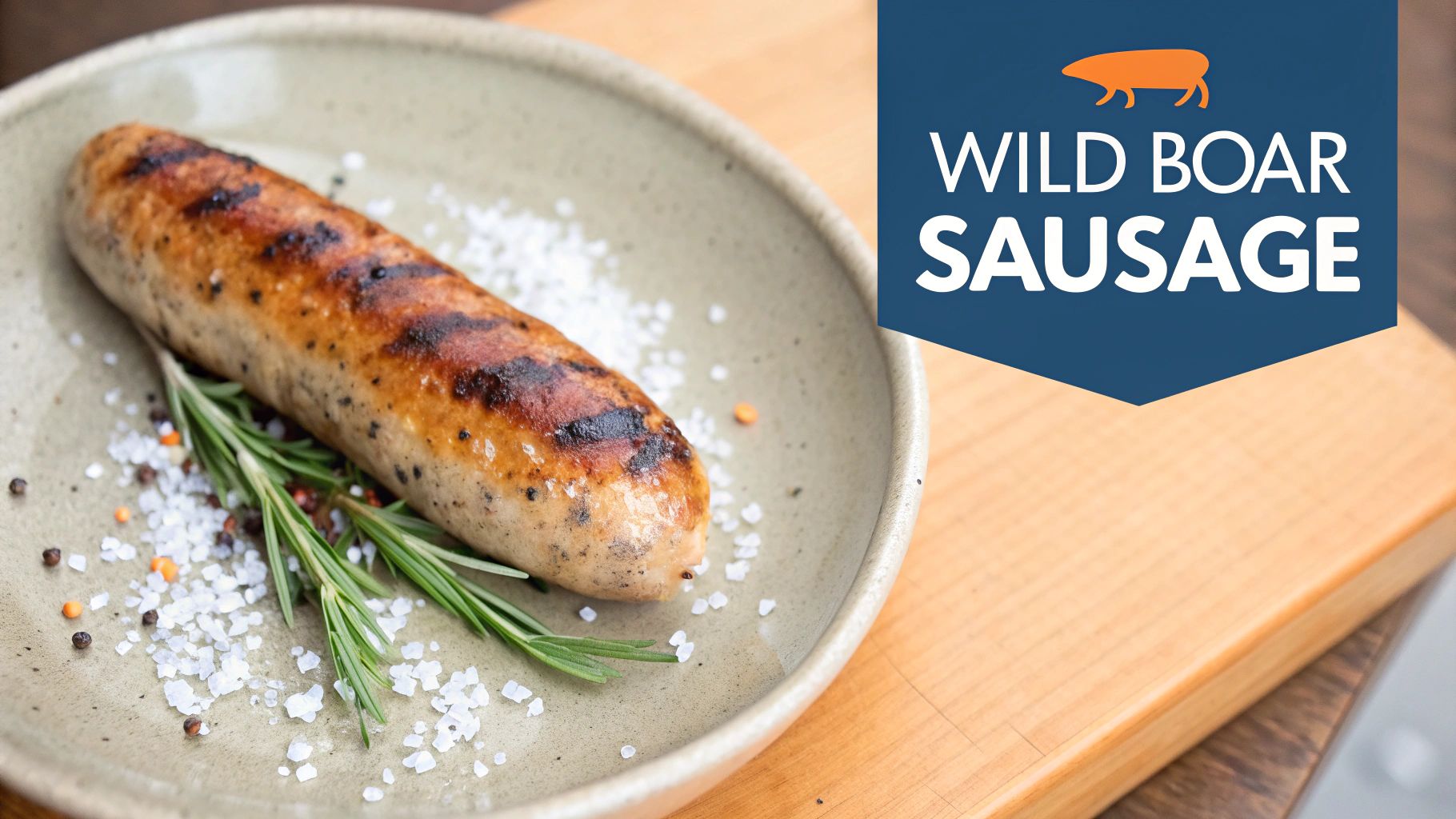 A grilled wild boar sausage on a plate with sea salt, peppercorns, and rosemary sprigs.