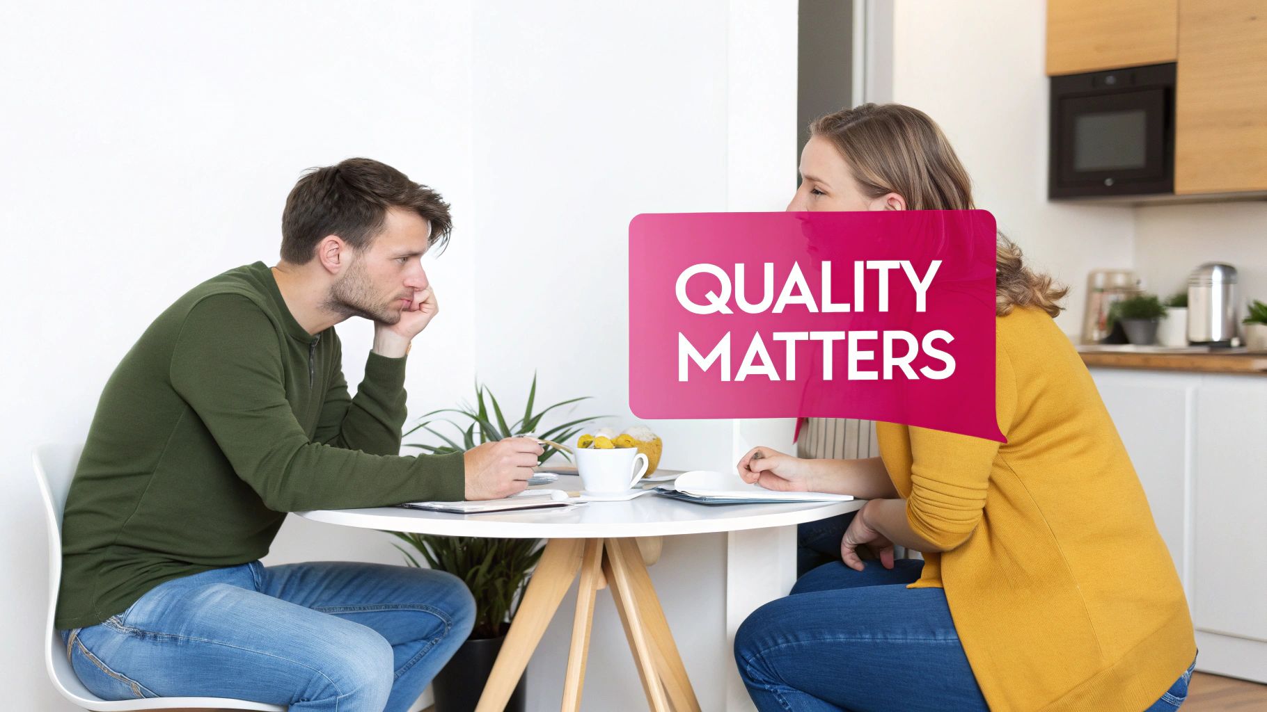 Couple at a table with 'QUALITY MATTERS' sign, engaged in a focused discussion.