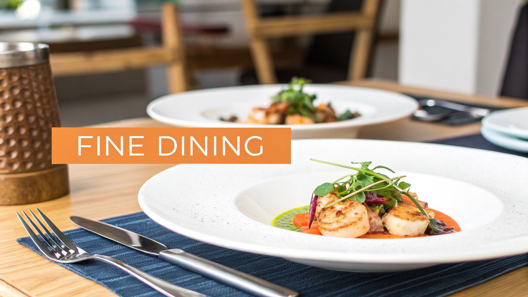 Two plates of expertly plated seared scallops with garnishes on a fine dining restaurant table.