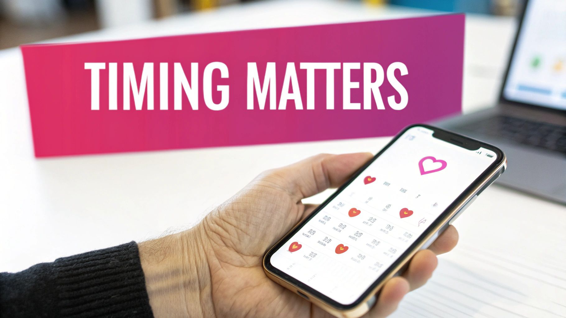 A hand holds a smartphone displaying a calendar with heart icons, next to a sign saying 'TIMING MATTERS'.