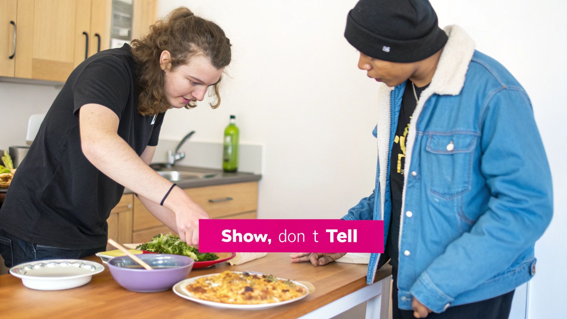 Two individuals in a kitchen, one preparing a meal with vegetables, the other observing.