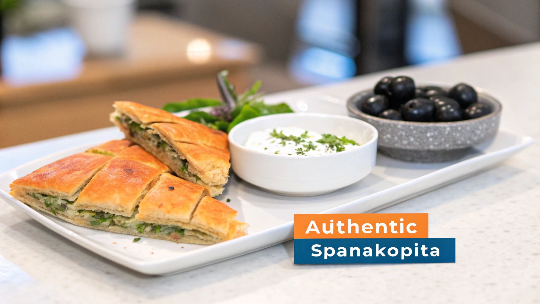 Authentic spanakopita slices served with a creamy dip and black olives on a white platter.