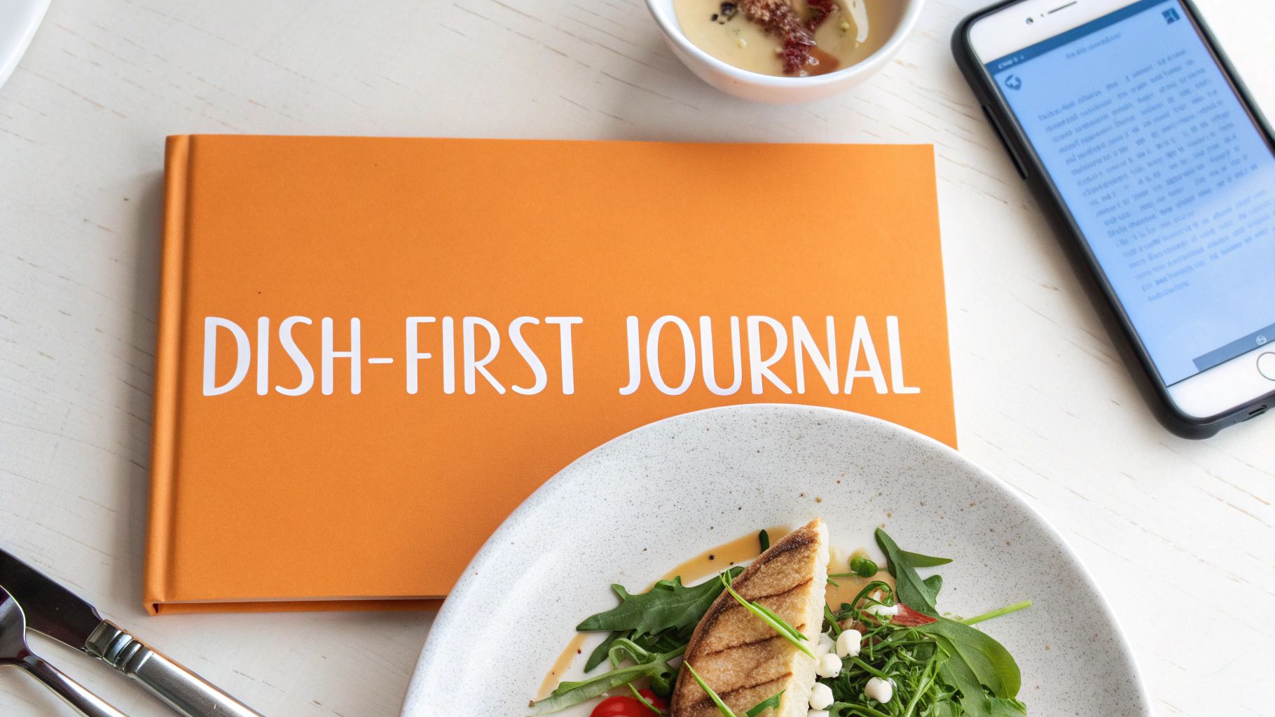 An orange 'DISH-FIRST JOURNAL' sits beside a healthy meal on a plate and a smartphone.