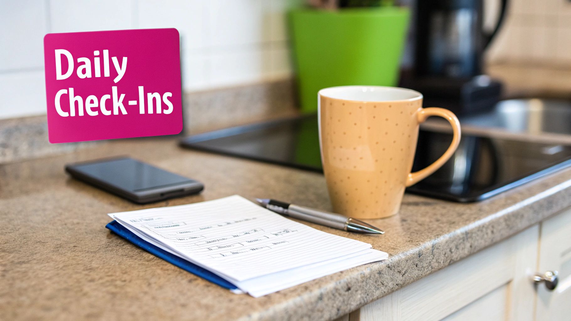 A notepad with 'Daily Check-Ins' text, pen, coffee mug, and smartphone on a kitchen counter.