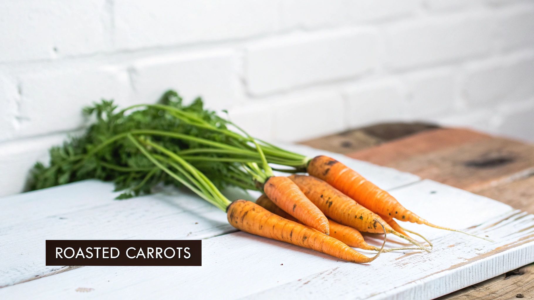 A fresh bunch of vibrant orange carrots with green tops arranged on a white rustic wooden surface.