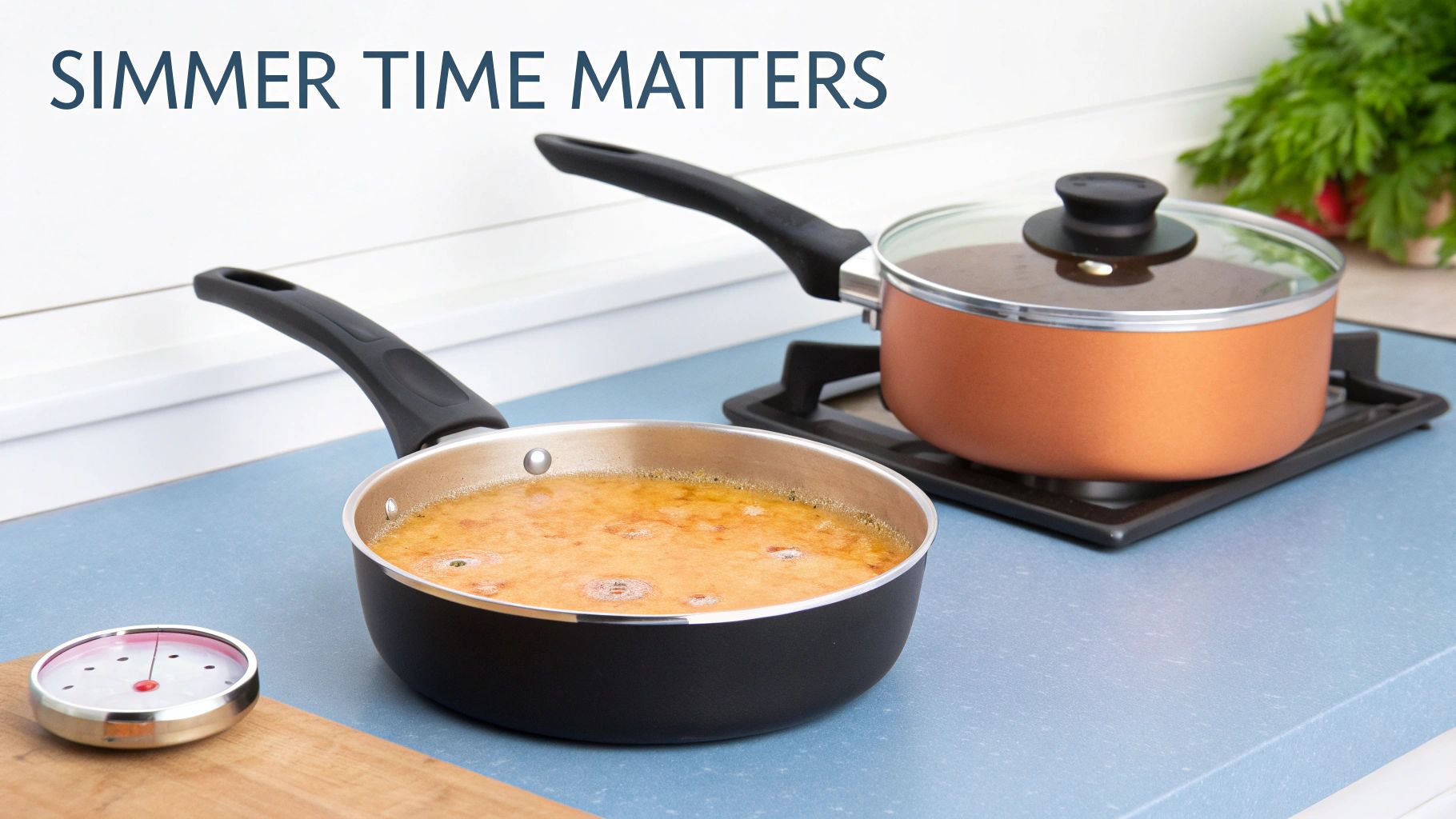A pan of simmering liquid and a covered pot on a kitchen counter, emphasizing simmer time.
