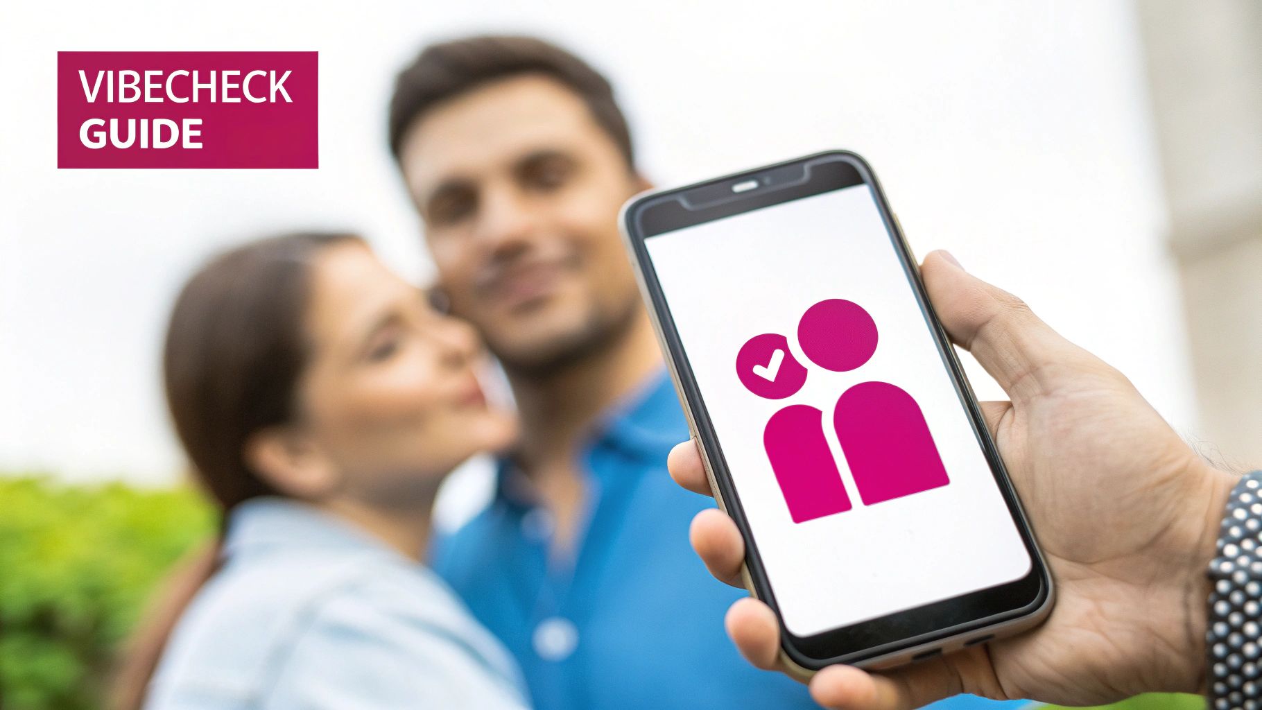 Hand holding smartphone with pink people icon and checkmark, blurred happy couple and 'VIBECHECK GUIDE' text.