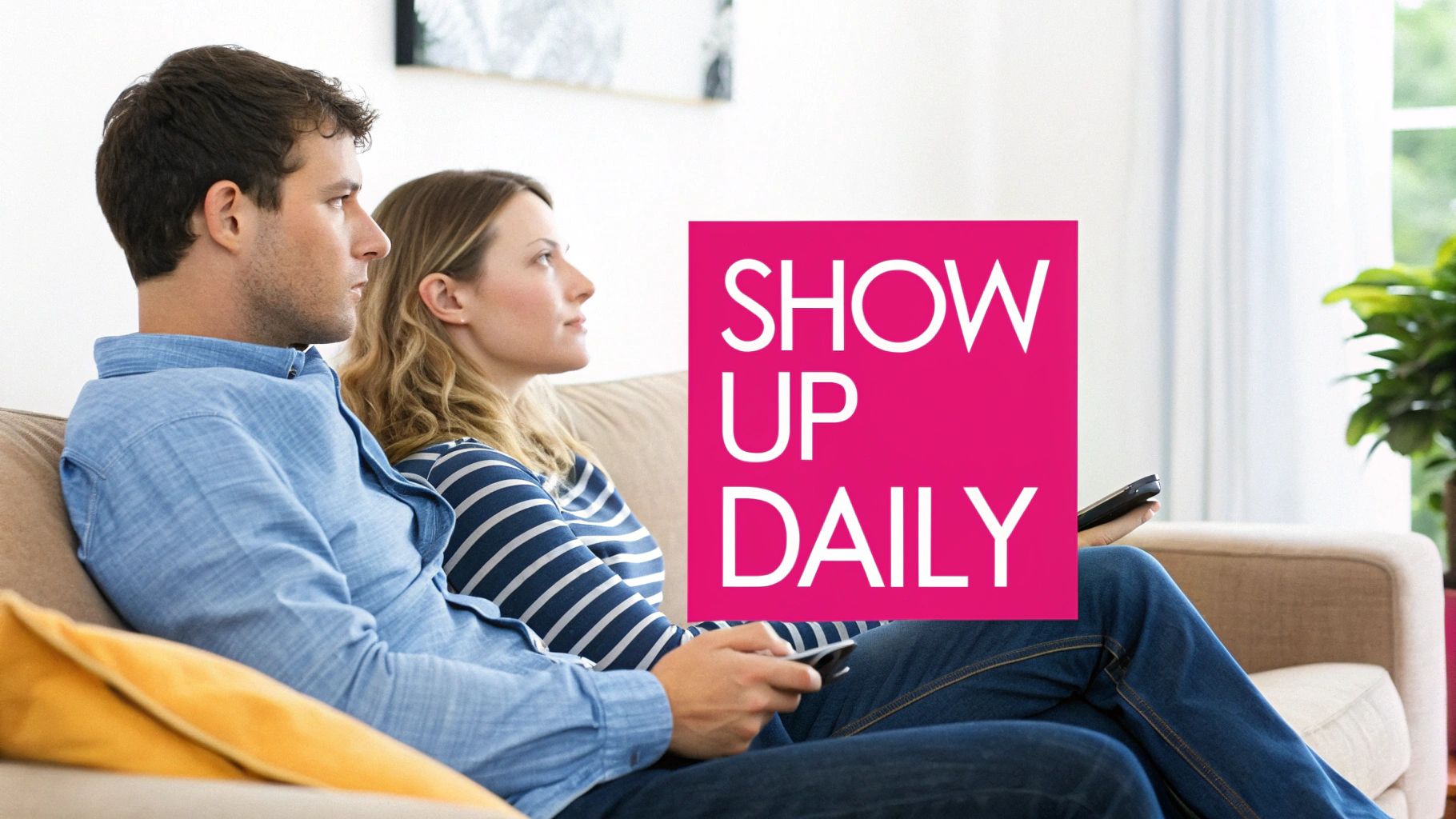 A couple sitting on a couch, looking forward, with a pink 'SHOW UP DAILY' overlay.
