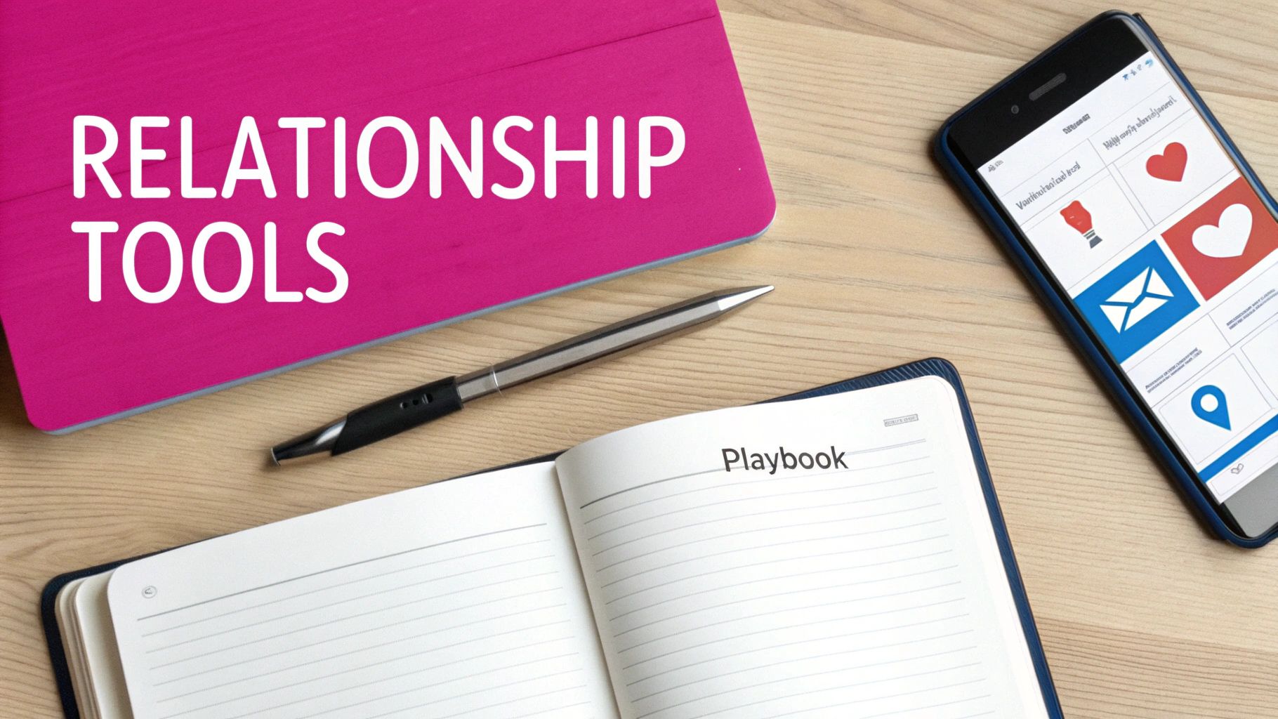 Flat lay showing a 'RELATIONSHIP TOOLS' tablet, a pen, a notebook 'Playbook', and a smartphone with app icons.