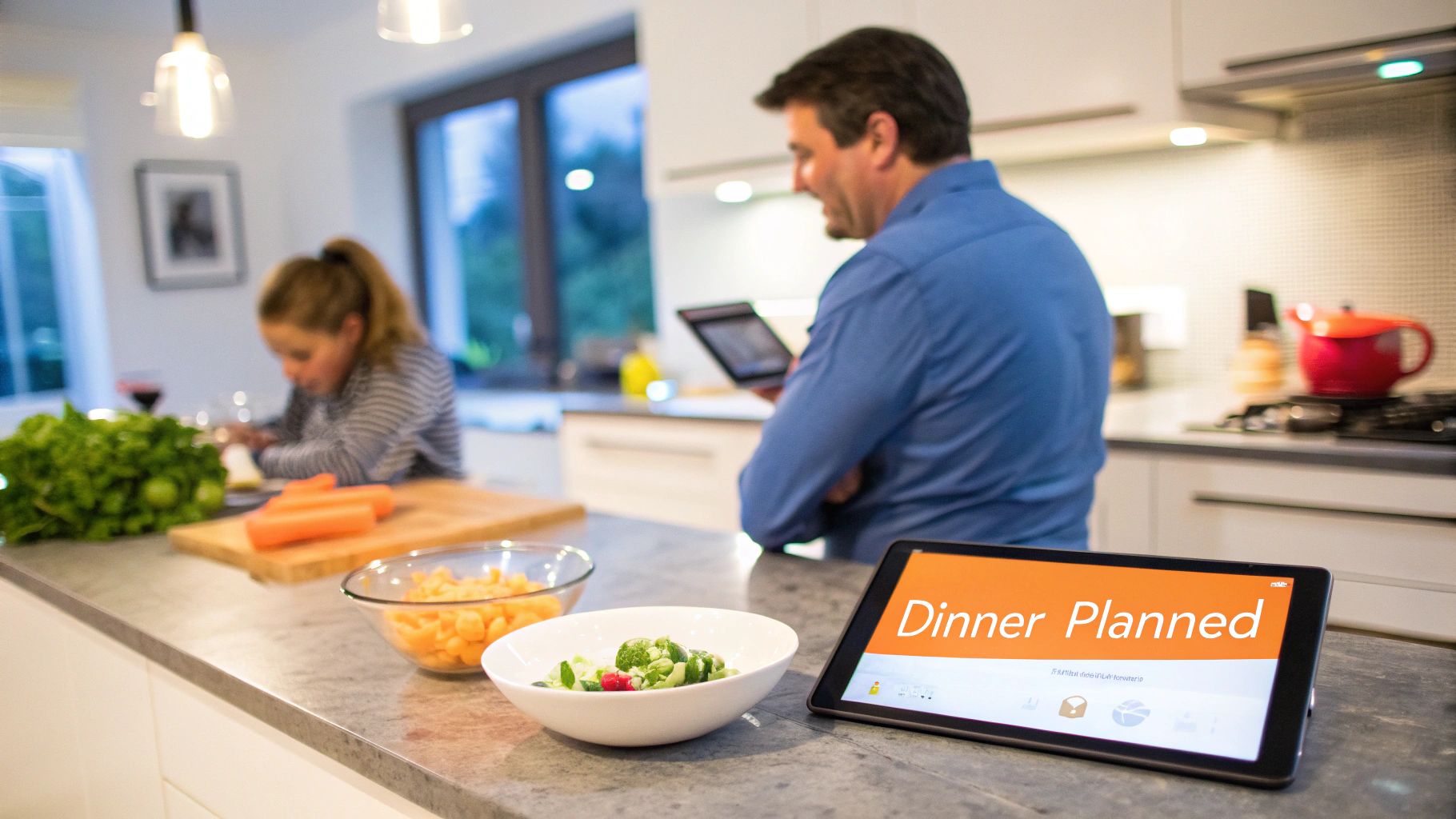A family in a modern kitchen using tablets to plan dinner, with fresh vegetables on the counter.