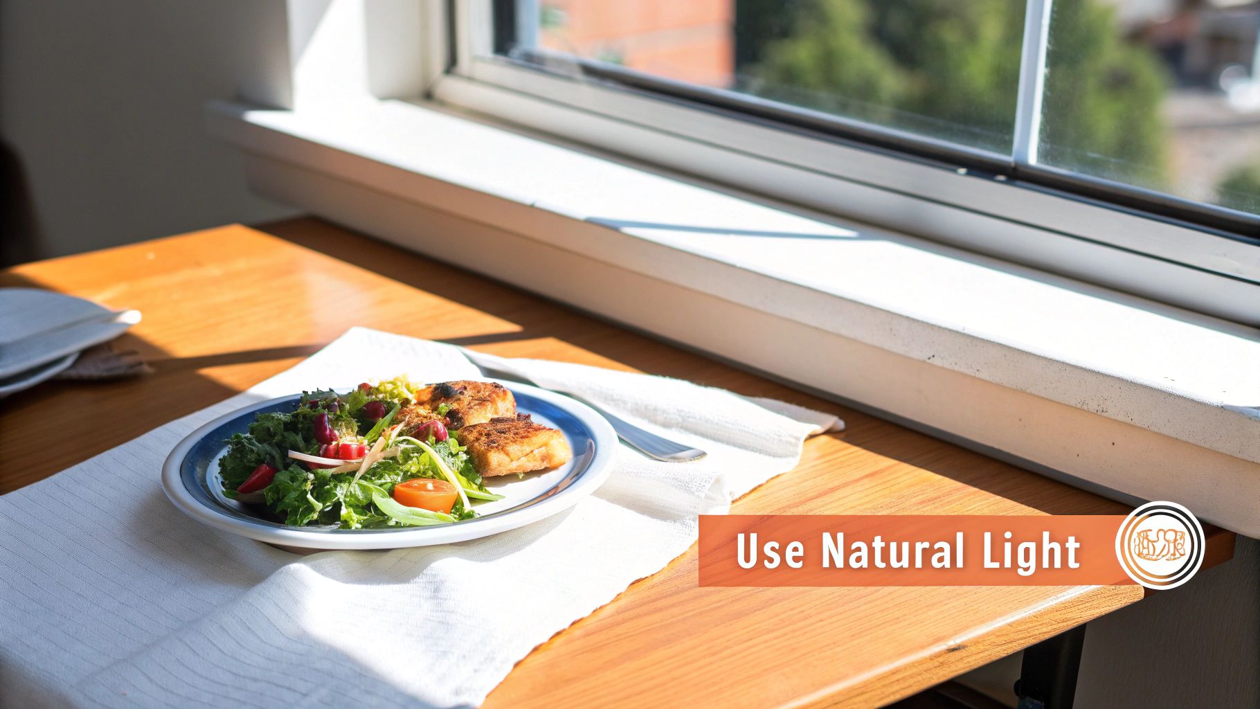 A plate of salad and grilled food on a wooden table, illuminated by natural light from a window.