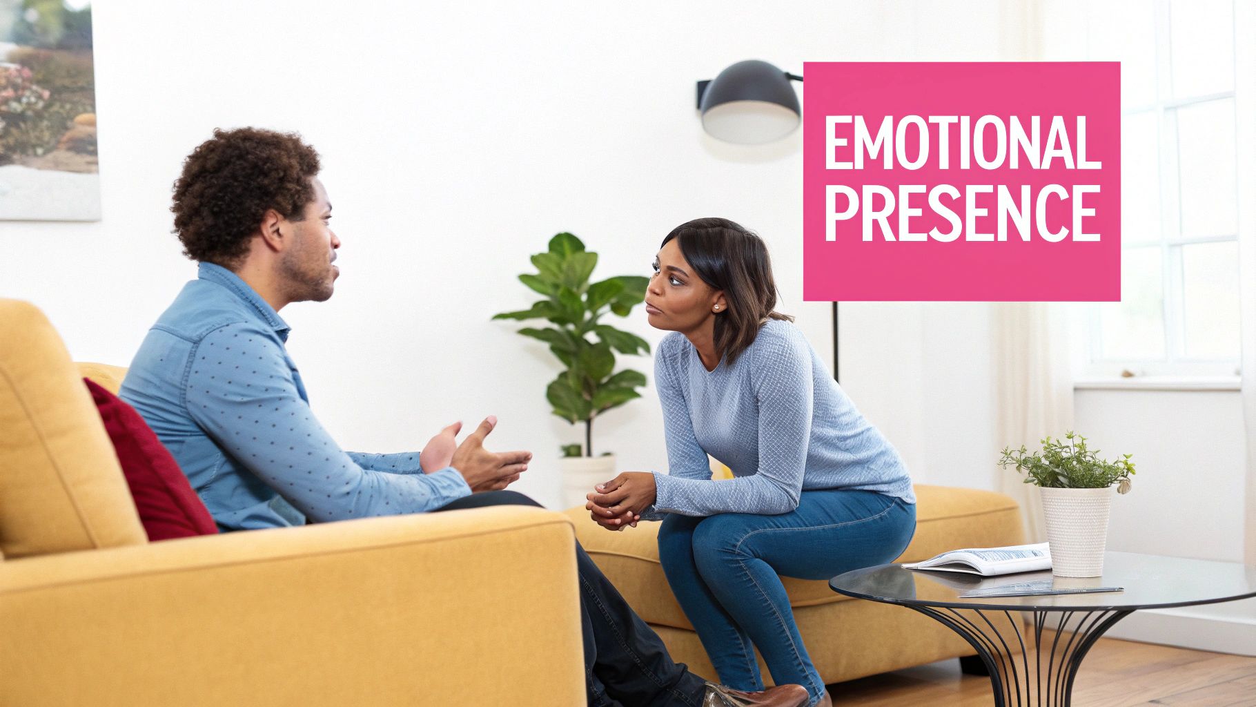 A man and woman engaging in a serious conversation on a yellow couch, fostering emotional presence.