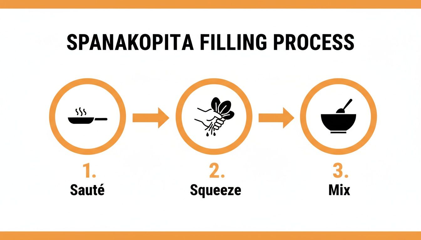 Infographic detailing the three-step spanakopita filling process: sauté, squeeze, mix.