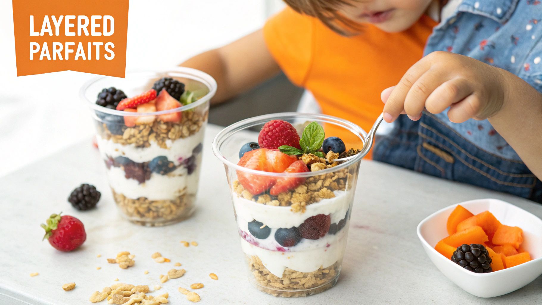 A child enjoys a healthy layered parfait with yogurt, granola, and fresh berries.