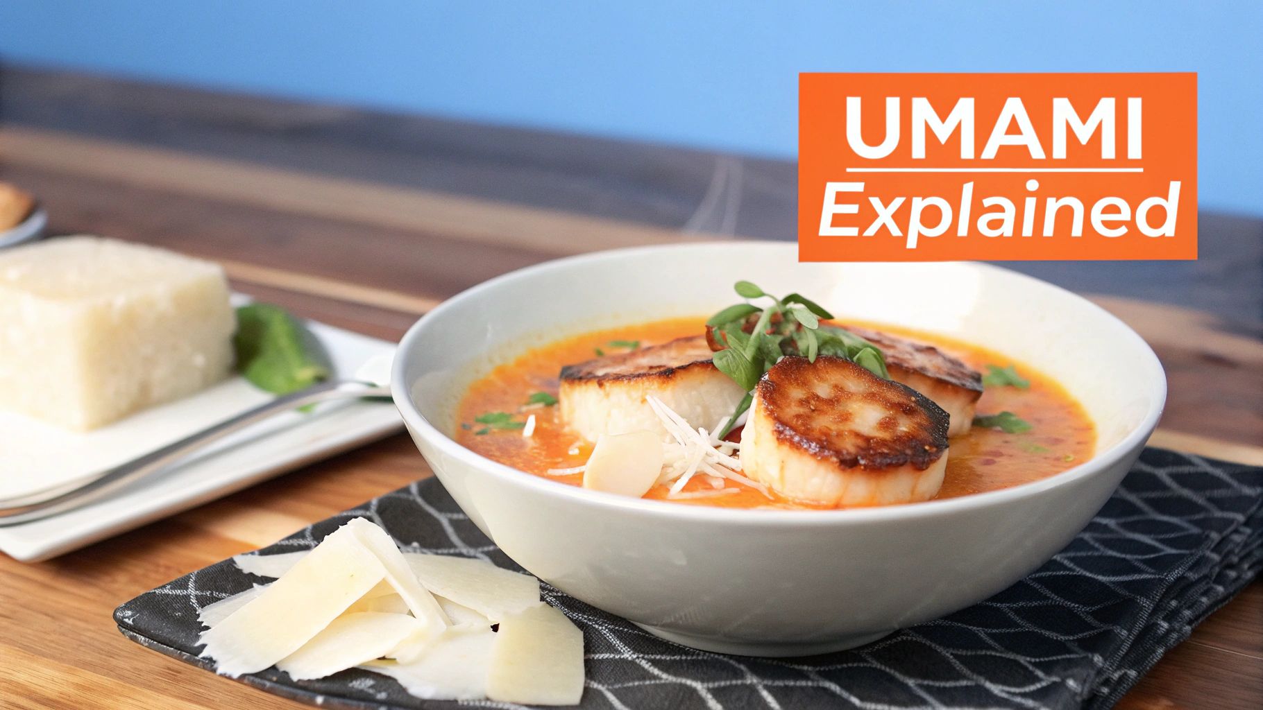 Creamy orange soup with seared scallops and cheese, next to a cheese block. 'UMAMI Explained' banner.