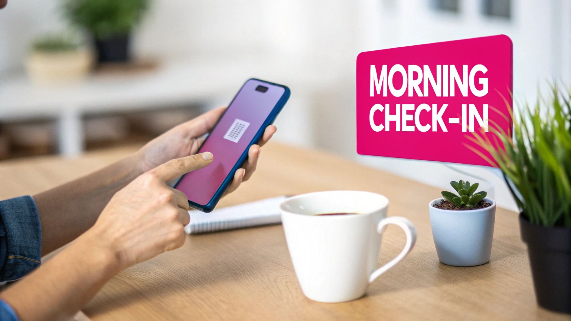 A person holds a smartphone with a QR code, next to a coffee cup and a 'MORNING CHECK-IN' sign.