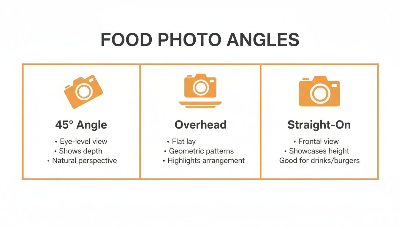 Infographic detailing 45-degree, overhead, and straight-on food photography angles and their uses.