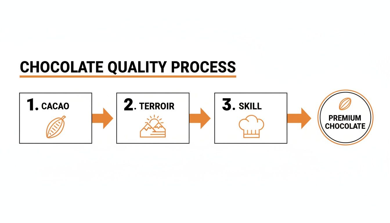 Flowchart illustrating the chocolate quality process, highlighting cacao, terroir, and skill leading to premium chocolate.