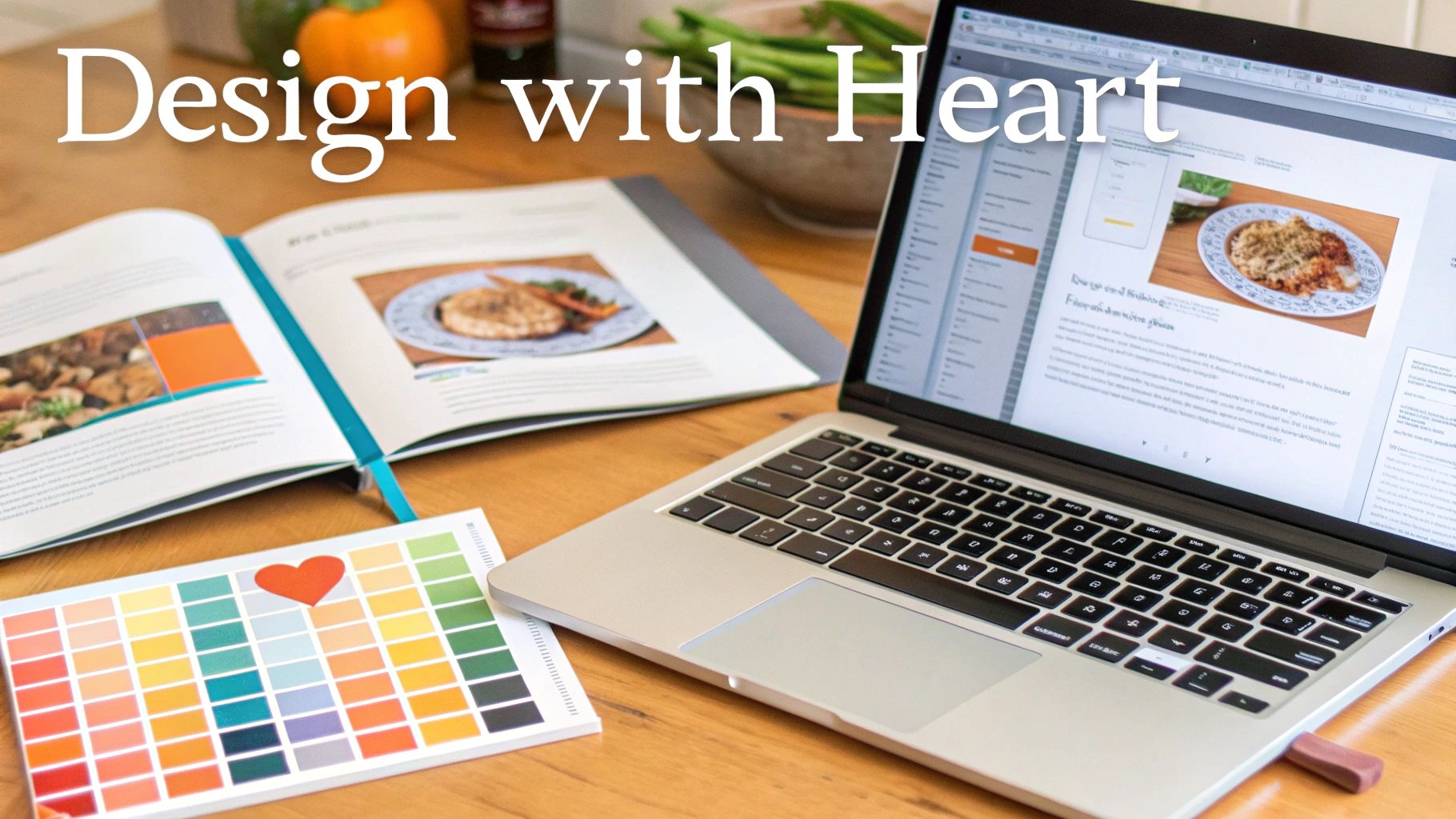 A creative workspace featuring a laptop, open cookbook, and color palette with a heart on a wooden table.