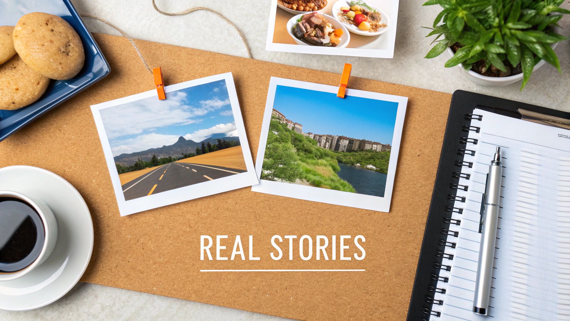A flat lay of a corkboard with photos, a notebook, coffee, and cookies, featuring the text 'REAL STORIES'.